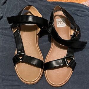 DV by Dolce Vita Black Leather Strappy Sandals with Tan Footbed